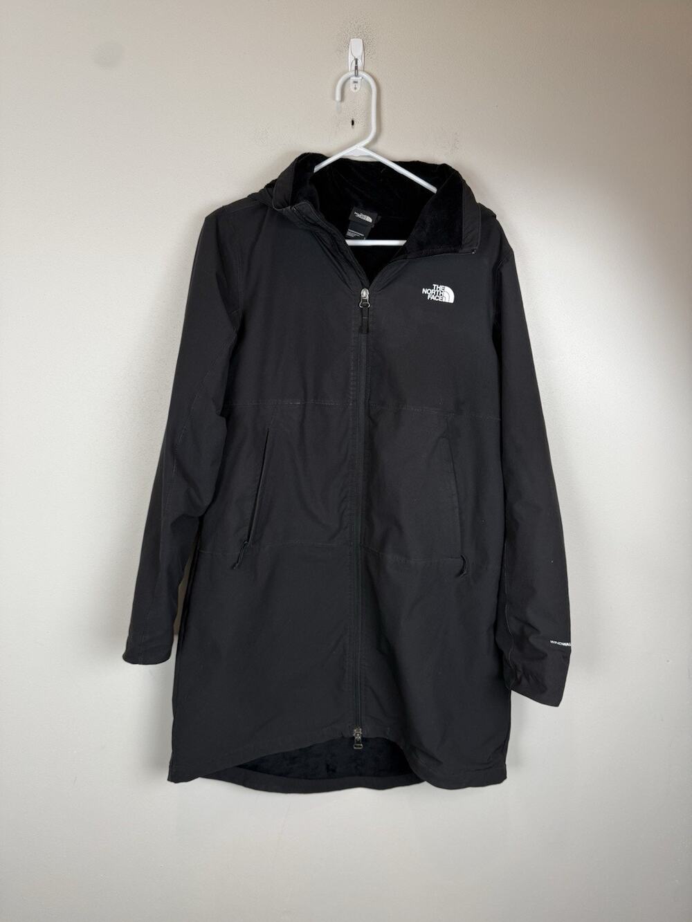 The North Face Women’s Windwall Jacket Sz L Black Fleece Lined Hooded Long Parka
